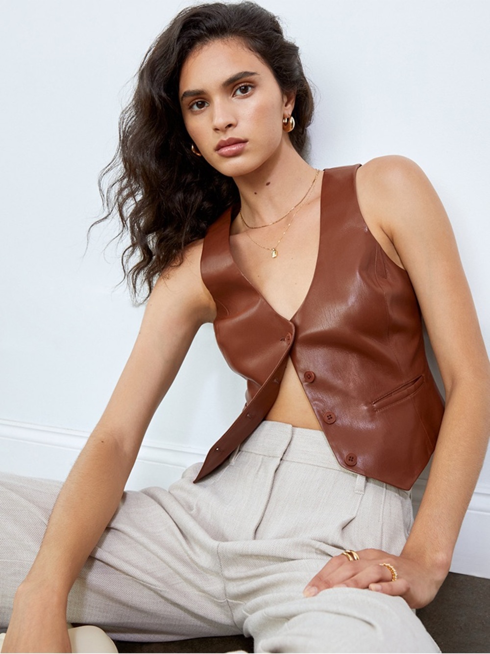 ARITZIA Wilfred Desire COGNAC Brown Vegan Leather Button Front Vest | SIZE 10